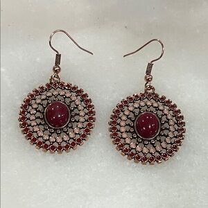 Bohemian Brass Red and Cream Enamel Drop Earrings